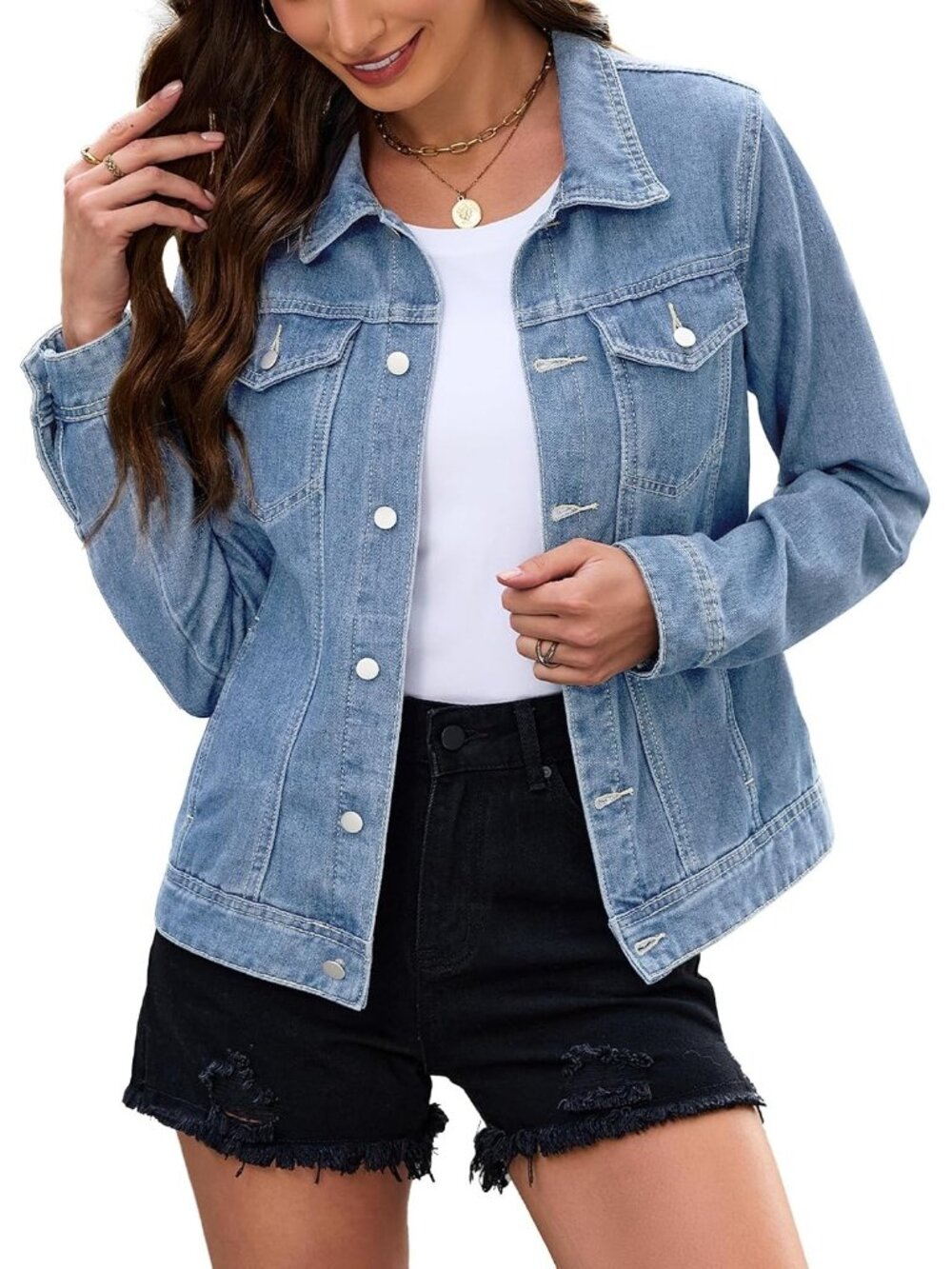 Women's Blue Long Sleeve Button Down Fitted Cropped Denim Jean Jacket Coat